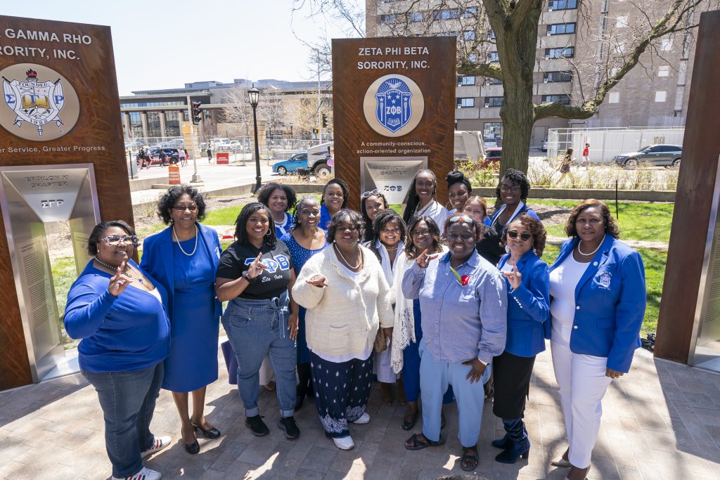 Members of Zeta Phi Beta Sorority in front of their Sign